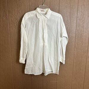 Johnny Was Pleated 1/2 Button Down Shirt Cotton White Sz M‎ Gauzy Boho Minimalst